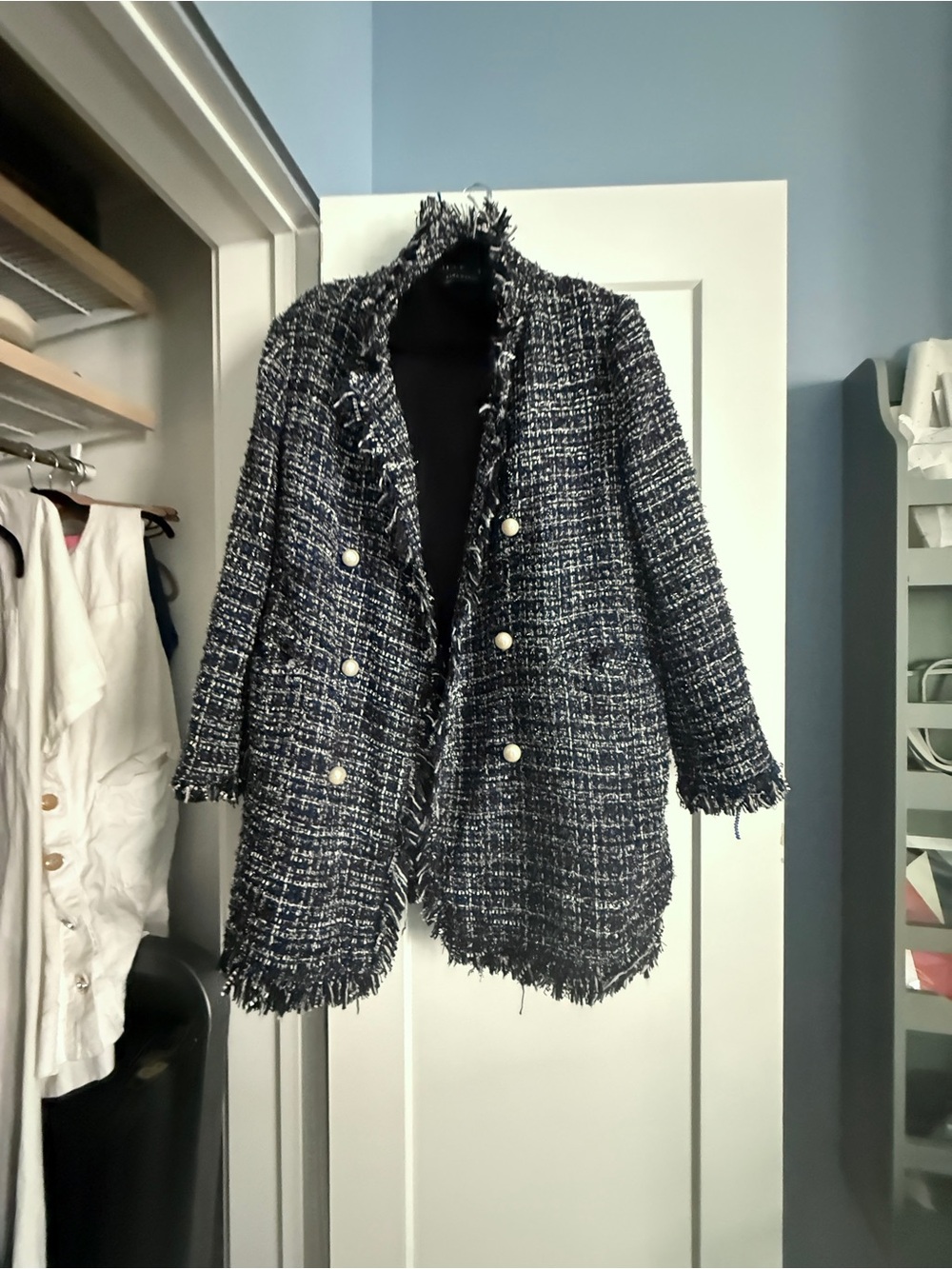 Zara Navy Tweed Double-Breasted Frayed Long Blazer/Coat